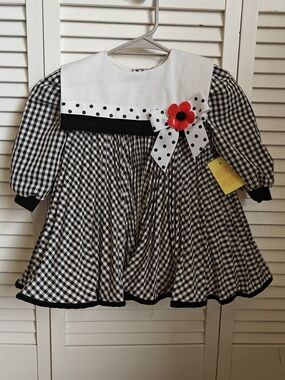Vintage Gingham Formal Dress with Collar & Red Flower Accent 2T